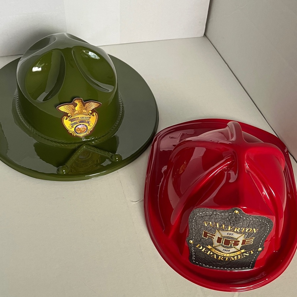 Set of 2 Plastic Helmets - Sheriff and Fullerton Fire Department for costumes
